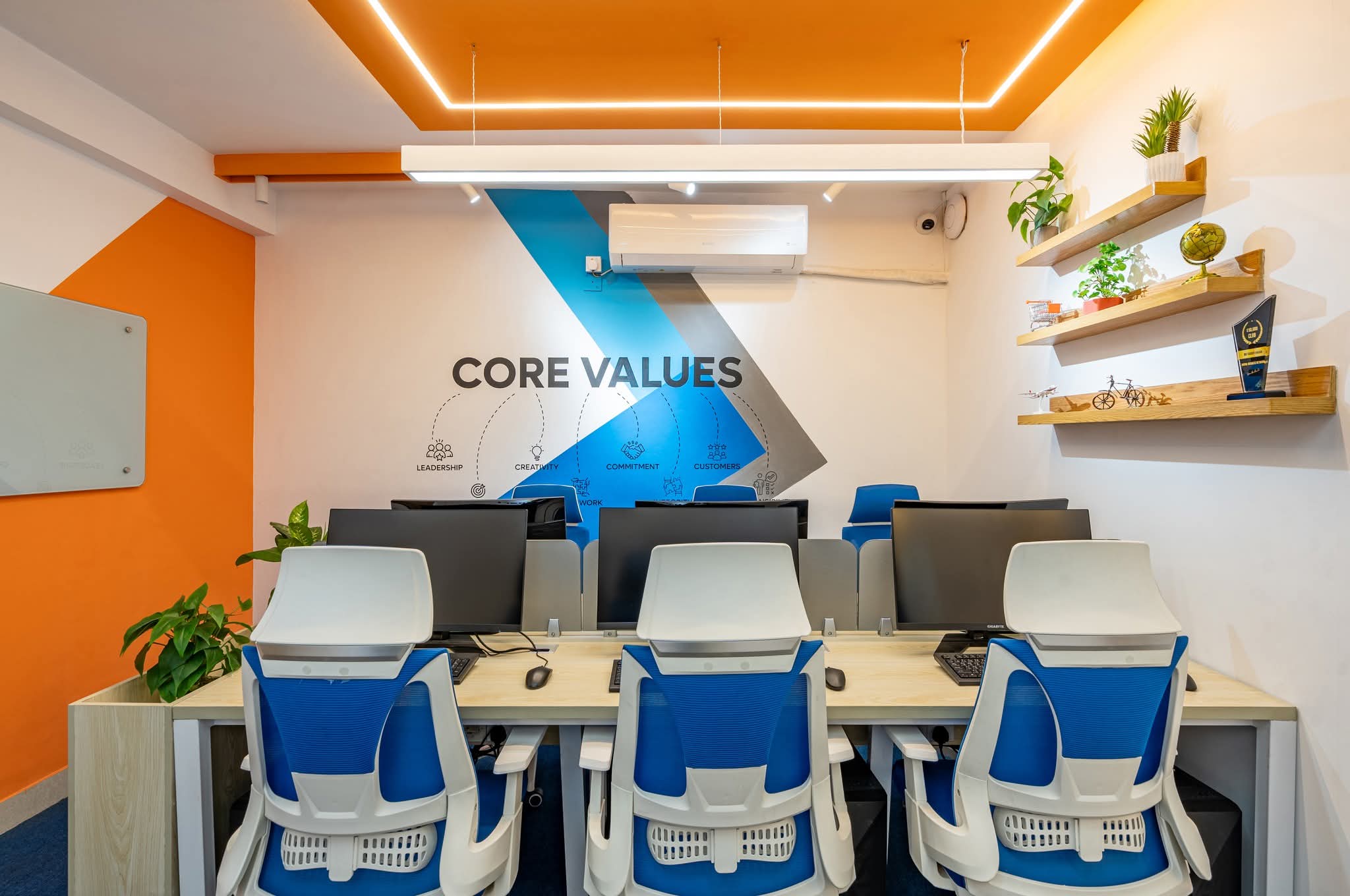 Core IT team workspace beneath the Core Values wall